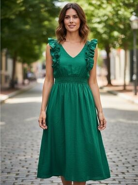 JODIFL Emerald Green V-Neck Midi Dress with Ruffle Sleeves